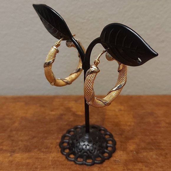 14K Two Tone Mesh Hoop Earrings - Picture 1 of 4